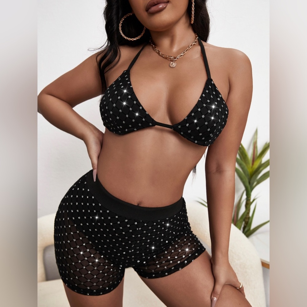 SHEIN Rhinestone Tie Backless Halter Top & Shorts